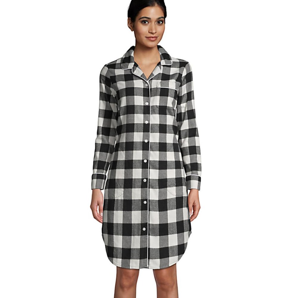 Lands' End Flannel Black & White Buffalo Plaid Night Gown..high quality flannel